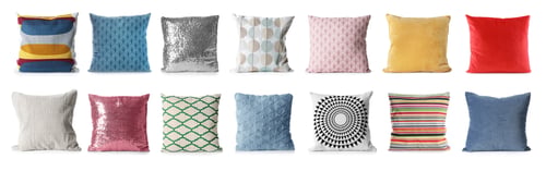 Preview: Set with different stylish decorative pillows on white background. Banner design