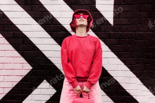 Hipster fashio woman in trendy viva magenta color sweatshirt and sunglasses. Color of 2023 year.