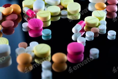 Preview: Shot of pharmaceutical pills on a black surface