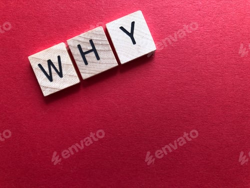 Preview: Why, word I n 3D wooden alphabet letters isolated on a plain red textured background with copy space