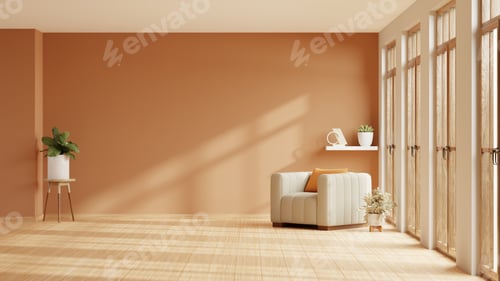 Preview: Home interior with an armchair on empty orange wall background,Minimal room