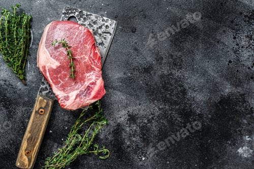 Preview: Raw beef striploin on the bone meat steak. Black ground. Top view. Copy space