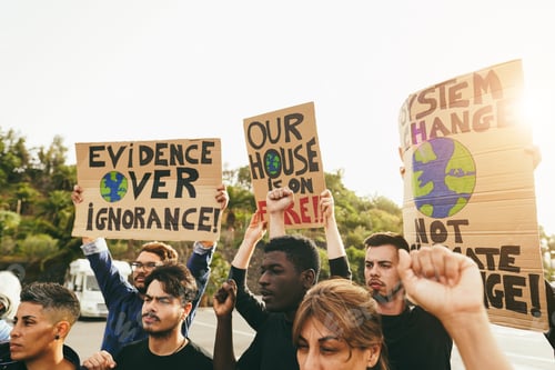 Preview: Group of demonstrators on road, young people from different culture fight for climate change