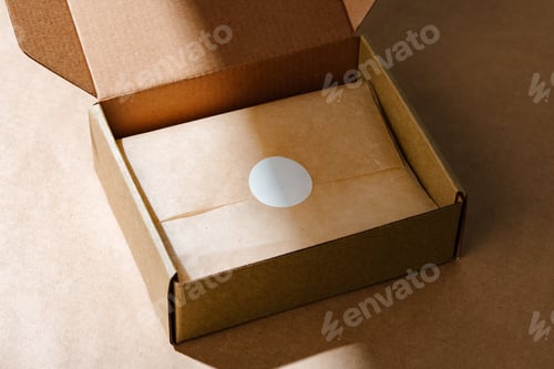 Preview: A sealed kraft box containing a wrapped item, positioned on a textured brown surface for an unboxing