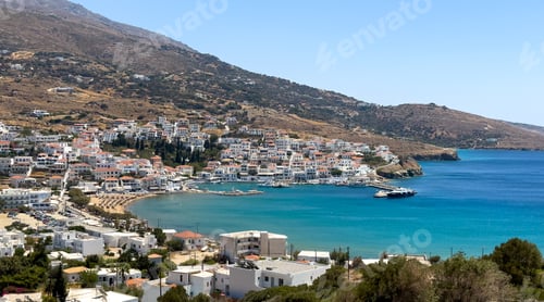 Preview: Andros island, Batsi village, Cyclades Greece. View of seafront buildings, cafe and restaurants