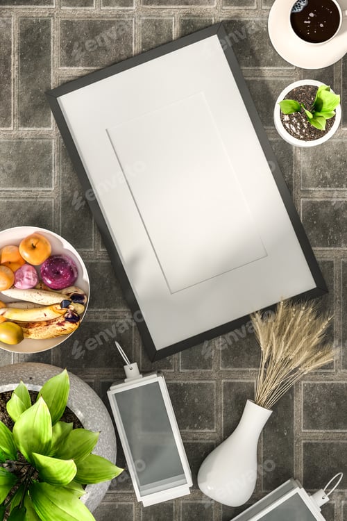 Preview: 3D Mockup photo frame with fruit and houseplant