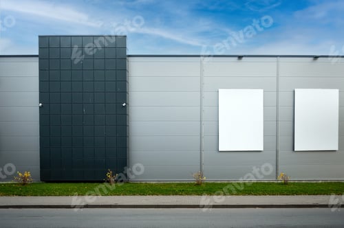 Preview: two blank white billboard for advertisement on the facade of building, outdoor advertising mockup