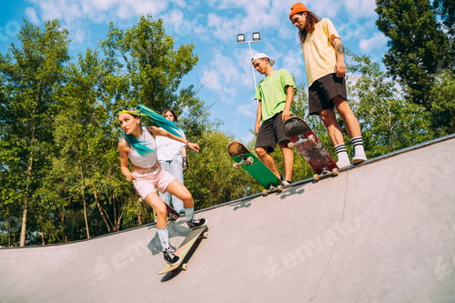 Preview: Group of professional skaters teens at the skatepark