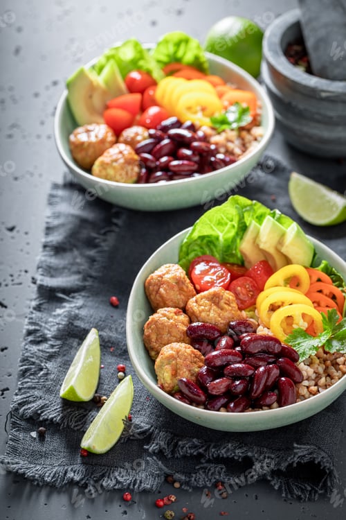 Preview: Healthy Mexican salad with meatballs, beans, groats and pepper.