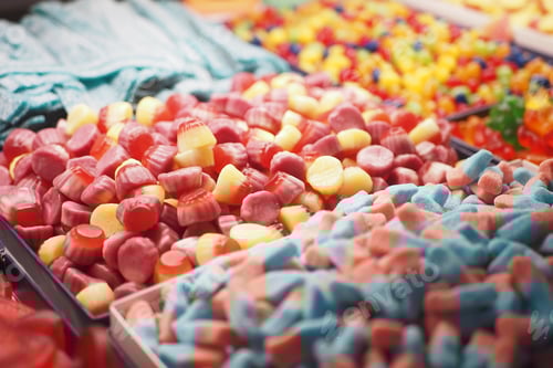 Preview: Mixed colorful jelly, gummy candies display for sales