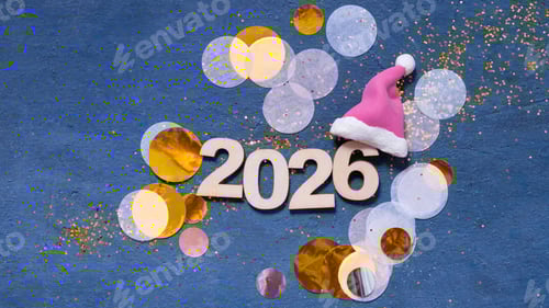 Visualização: Números de madeira exibem 2026 em fundo azul com brilhos dourados