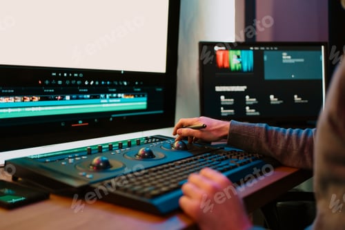 Preview: Male hands Video Editor Working on His Personal Computer control panel