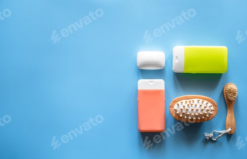 Preview: Spa composition with shower and personal care products, flat lay.