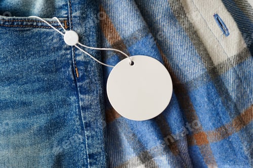 Preview: Close-up of a blank round tag attached to blue denim and plaid fabric