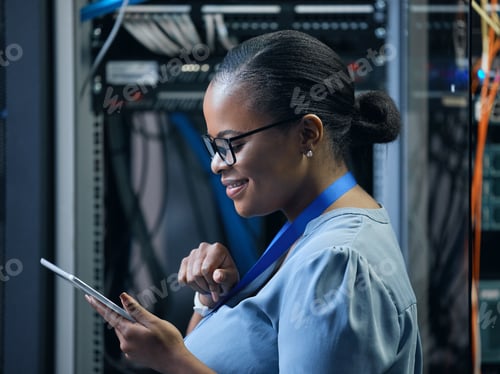 Preview: Cropped shot of an attractive female programmer working on a tablet in a server room