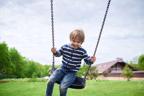 Preview: Outdoors portrait of cute preschool laughing boy swinging on a swing at the playground