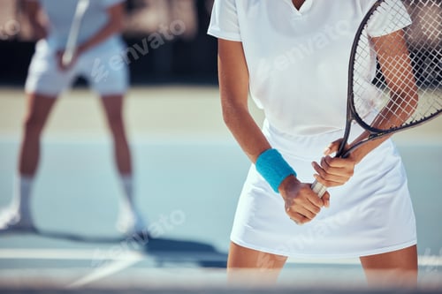 Preview: Tennis player, sports woman and teamwork on a court in wellness exercise, training and health worko