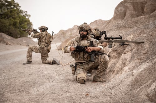 Preview: Soldiers aiming with their rifles
ready to fire during military operation