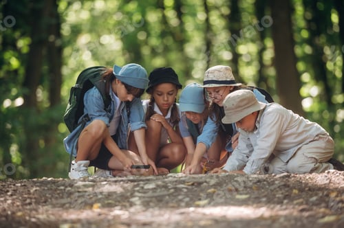 Preview: On the ground, taking a look at map. Group of children in the forest on a hike