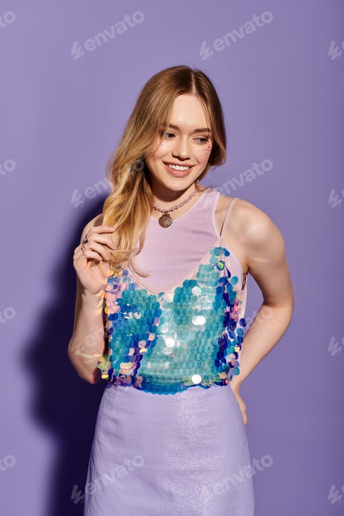 Preview: Fashion forward young woman showcases trendy spring attire against a vibrant background