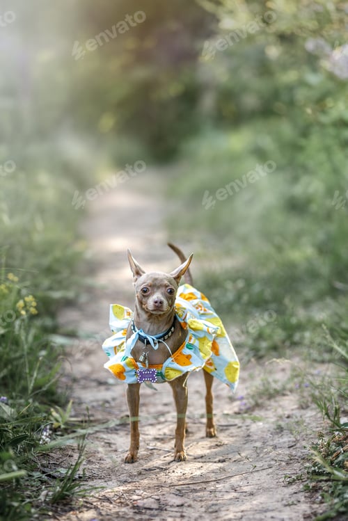 Preview: A small Chihuahua dog in a bright summer dress walks in a summer park