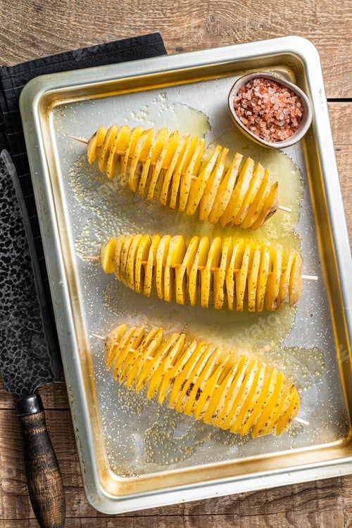 Preview: Uncooked raw Tornado or Twist potato fries. Wooden background. Top view