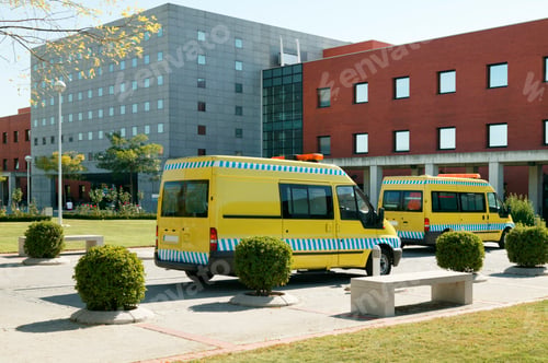 Preview: Ambulance vehicles on an hospital parking. Emergency transport. Medicine