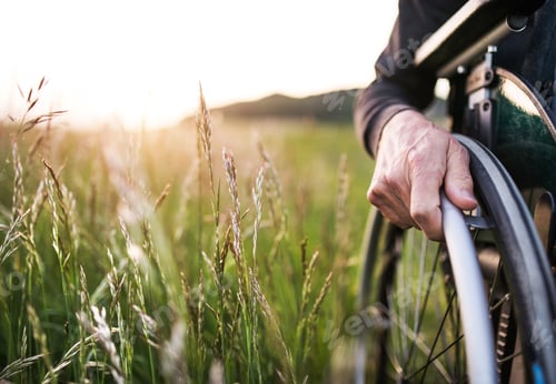 Preview: A close-up of man's hand on a wheelchair in nature at sunset. Copy space.