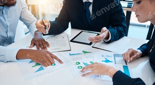 Preview: Corporate, digital tablet and paper statistics analysis by professional team in business meeting. G