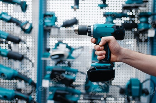 Preview: Male worker hand holds electric drill, tool store