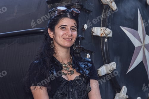 Preview: Beautiful girl in steampunk clothes on the background of the train