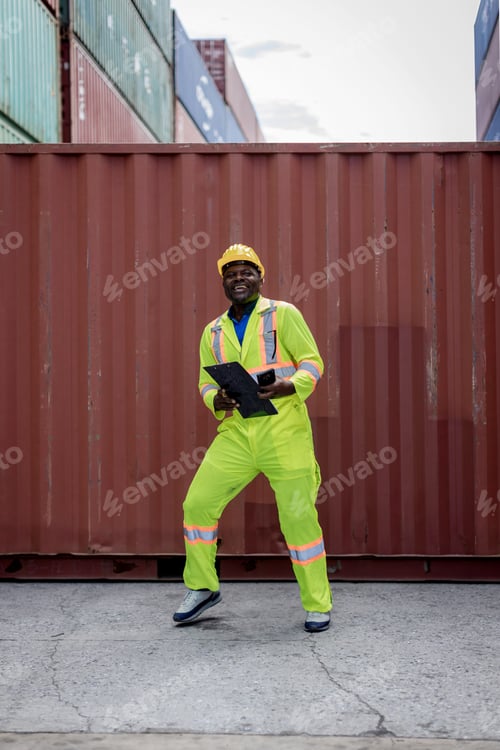 Preview: Funny factory workers dance in Container cargo site. Happy people at work .