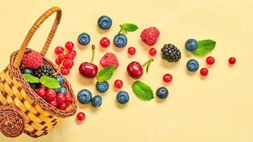 Preview: Many different berries flying in air. Ripe fresh fly red strawberry, berry on yellow background. Sum