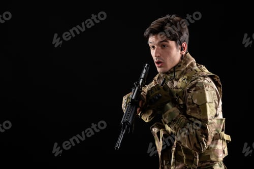 Preview: front view young soldier in uniform on black background palestine warriors tank