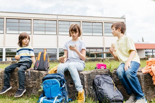 Preview: Children at recess sit in the schoolyard and eat sandwiches and apples. Snack while studying.