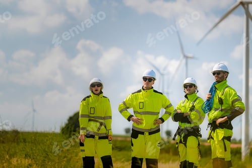 Preview: A team of engineers dressed in high visibility safety gear inspect equipment at a wind farm