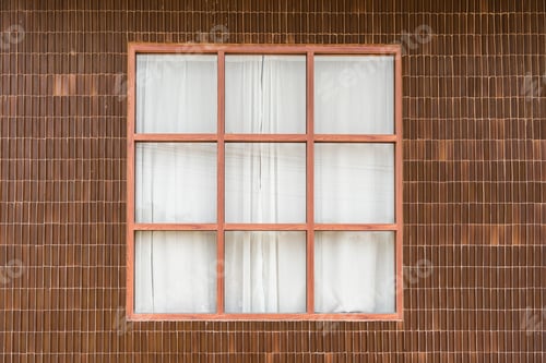 Preview: Wall clay tile and wooden window with white curtain of tropical house