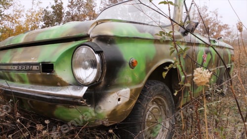 Preview: Close up of oldtimer headlight. Shot. Close - up of the old Soviet car headlight. Old wrecked car