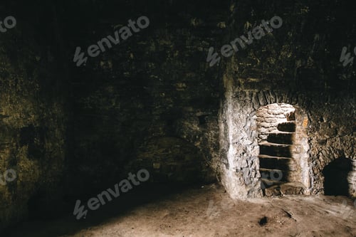 Preview: Destroyed ruined brick walls and window light in dark indoors