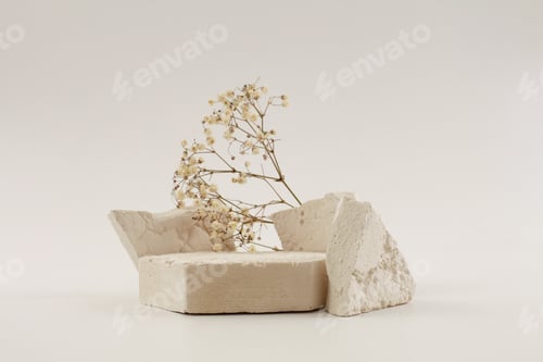 Preview: Empty stack of stones platform podium on beige background. Minimal empty product presentation scene.