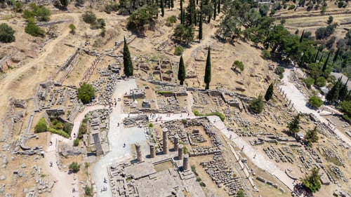 Preview: Aerial bird's eye view photo taken by drone of archaeological site of ancient Delphi.