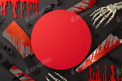 Preview: Spine-chilling holiday concept: Top view photo of nightmarish arrangement featuring blood flows