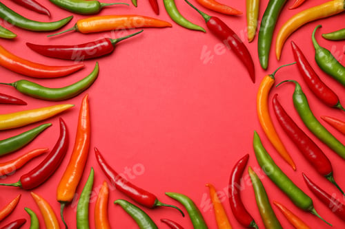 Preview: Frame made with different chili peppers on red background, flat lay. Space for text