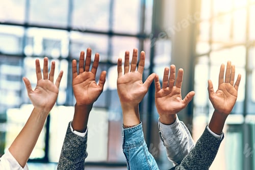 Preview: Cropped shot of a group of unrecognizable businesspeople raising their hands