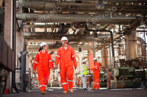 Preview: Workers walking at oil refinery