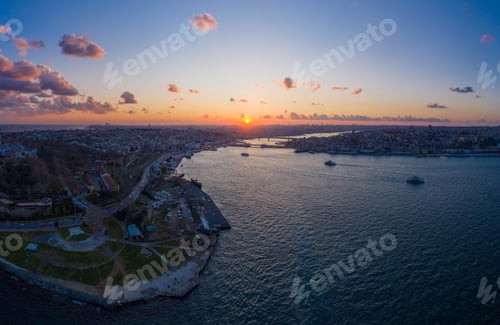 Preview: Istanbul City at Sunset. Golden Horn Bay and Galata Bridge. Aerial View.
