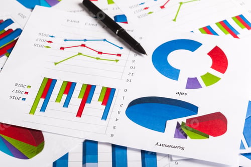 Preview: Charts and graphs on paper display data trends for sales and summary reports