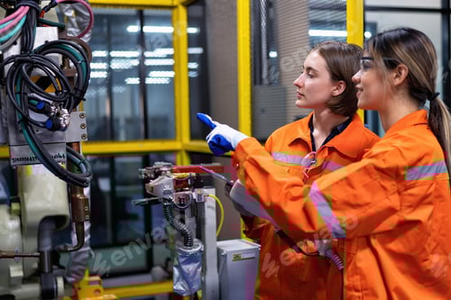 Preview: Girl engineer commissioning operating programming and looking at robot machine in the factory