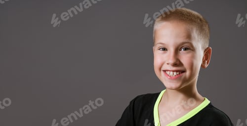 Preview: Portrait of young guy in black T-shirt on gray background