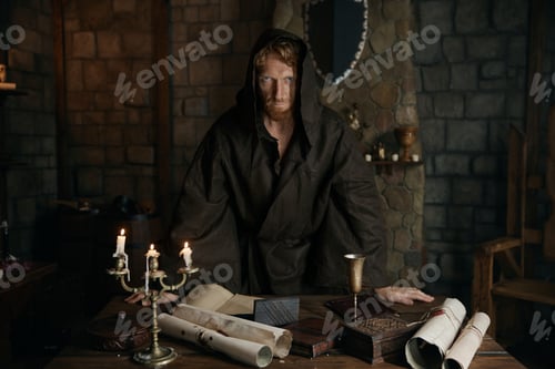 Preview: Portrait of hooded serious monk looking at camera with mystic view
